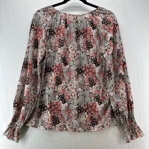 Simple Fun Top Womens Sz S Peasant Blouse Floral Tie Neck Long Sleeve Brown/Pink